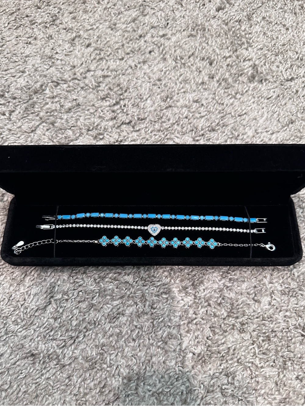 Silver evil eye + turquoise clover/flower bracelet stack